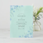 Invitation Mariage Floral Bleu Éthéré Mousse de Mer (Debout devant)