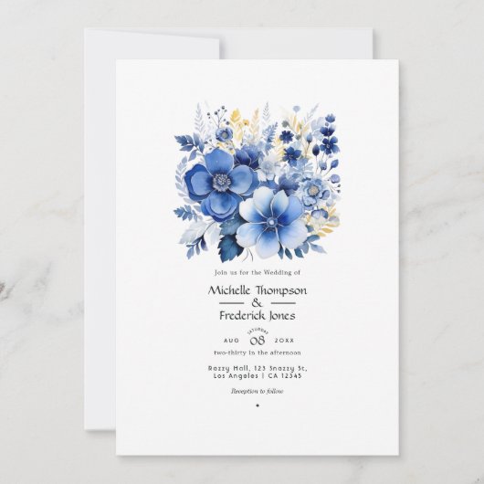Invitation Mariage floral bleu foncé (Devant)