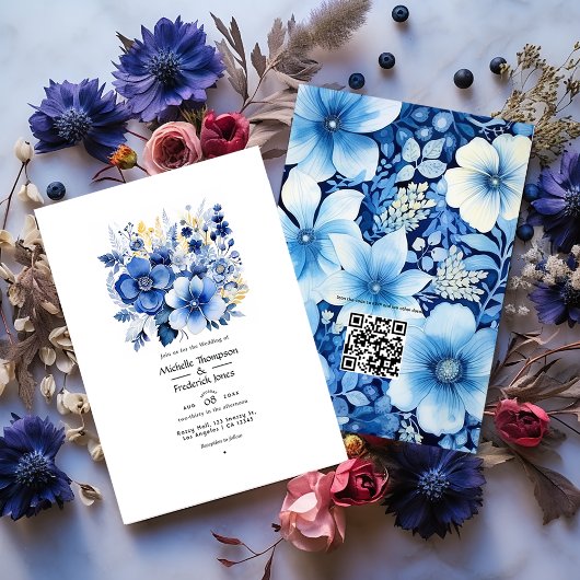 Invitation Mariage floral bleu foncé