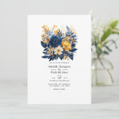 Invitation Mariage floral bleu foncé et or (Debout devant)