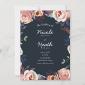 Invitation Mariage floral bleu foncé et rose pâle (Devant)