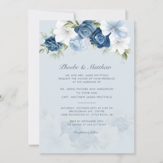 Invitation Mariage floral bleu foncé moderne (Devant)
