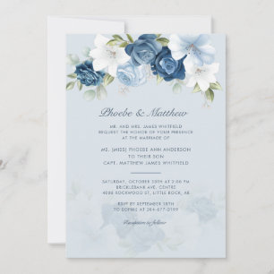 Invitation Mariage floral bleu foncé moderne