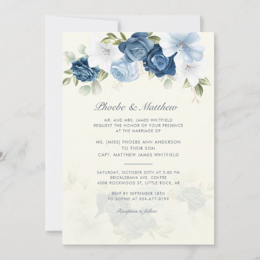 Invitation Mariage floral bleu foncé moderne (Devant)