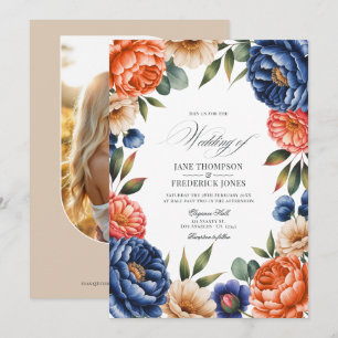 Invitation Mariage Floral Bleu Français, Corail et Beige de S