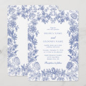 Invitation Mariage Floral Bleu Français Rustique Élégant Vint (Devant / Derrière)