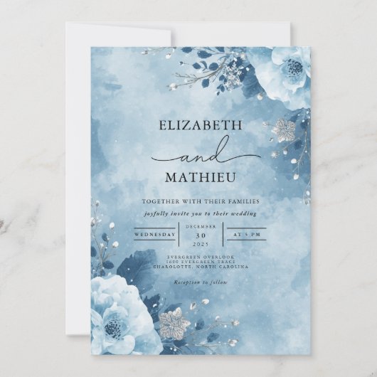 Invitation Mariage floral bleu hiver (Devant)