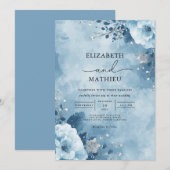 Invitation Mariage floral bleu hiver (Devant / Derrière)