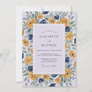 Invitation Mariage Floral Bleu Jaune Coup de Pinceau
