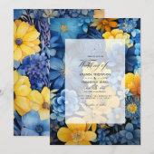 Invitation Mariage floral bleu, jaune et marine (Devant / Derrière)