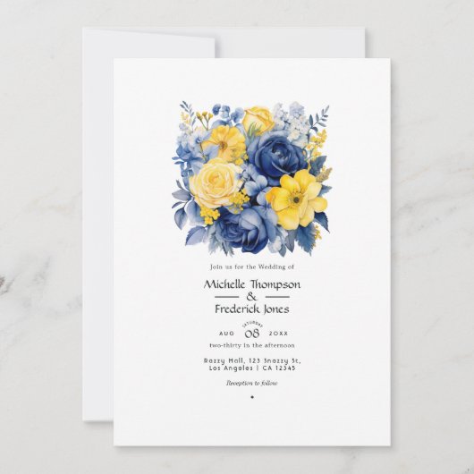 Invitation Mariage floral bleu, jaune et marine (Devant)