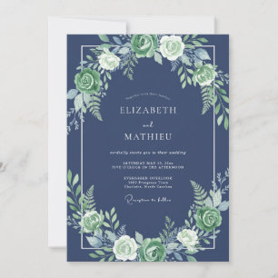 Invitation Mariage Floral Bleu Marine
