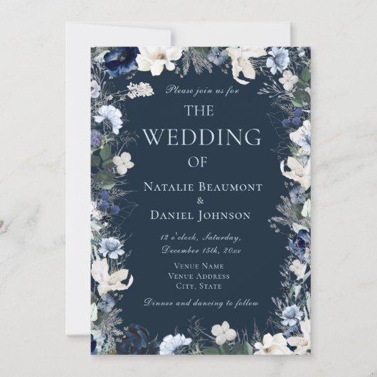 Invitation Mariage floral bleu marine (Devant)