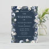 Invitation Mariage floral bleu marine (Debout devant)