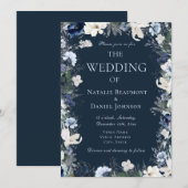 Invitation Mariage floral bleu marine (Devant / Derrière)