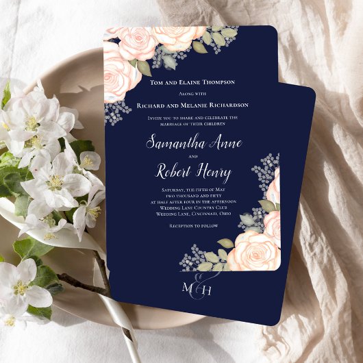 Invitation Mariage floral bleu marine