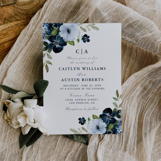 Invitation mariage floral bleu marine