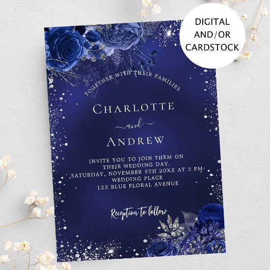 Invitation Mariage floral bleu marine