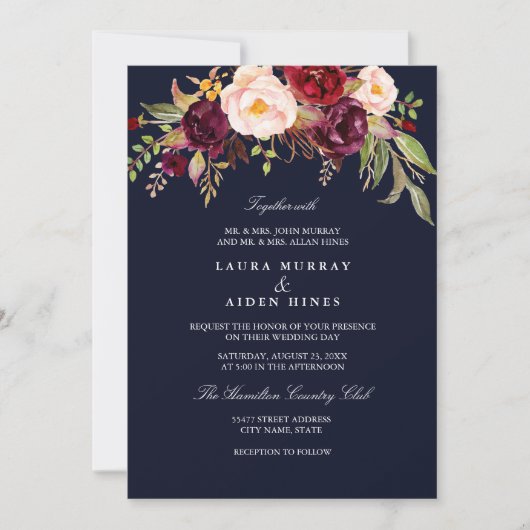 Invitation Mariage floral bleu marine (Devant)