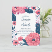 Invitation Mariage floral bleu marine botanique (Debout devant)