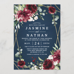 Invitation Mariage floral bleu marine Bourgogne bleu rose