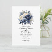 Invitation Mariage floral bleu marine, crème et argent (Debout devant)