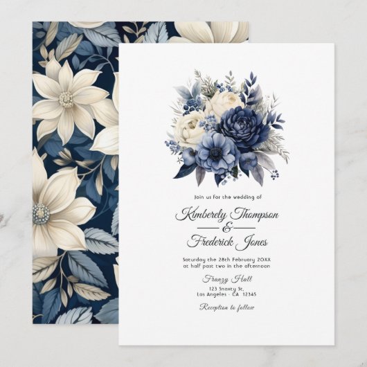 Invitation Mariage floral bleu marine, crème et argent (Devant / Derrière)