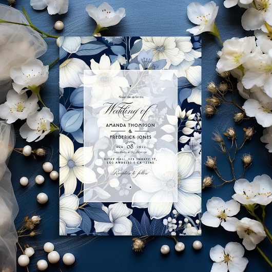 Invitation Mariage floral bleu marine, crème et argent