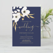 Invitation Mariage floral bleu marine de luxe (Debout devant)