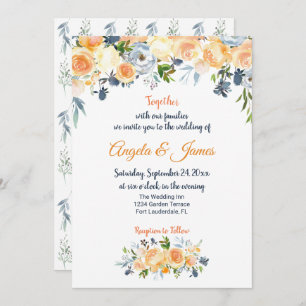 Invitation Mariage floral bleu marine et corail