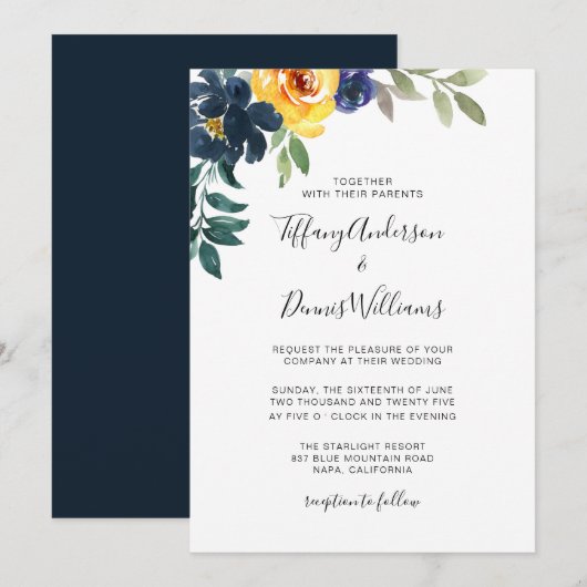Invitation Mariage floral bleu marine et jaune (Devant / Derrière)