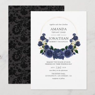 Invitation Mariage floral bleu marine et or