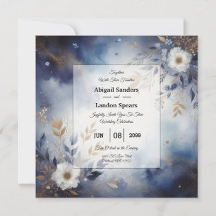 Invitation Mariage floral bleu marine et or