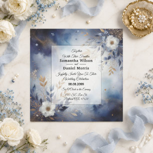 Invitation Mariage floral bleu marine et or