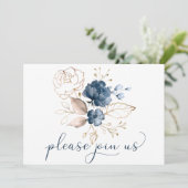 Invitation Mariage floral bleu marine et or aquarelle (Debout devant)