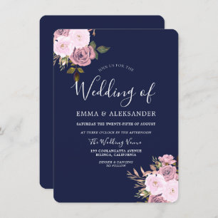 Invitation Mariage floral bleu marine et Rose or