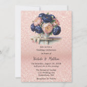 Invitation Mariage floral bleu marine et Rose or (Devant)