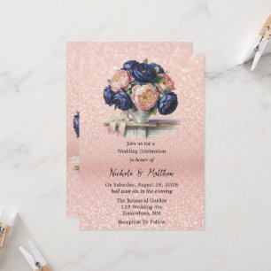 Invitation Mariage floral bleu marine et Rose or
