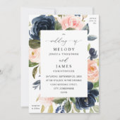 Invitation Mariage floral bleu marine et rose pâle (Devant)