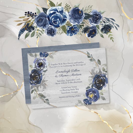 Invitation Mariage floral bleu marine gris argent