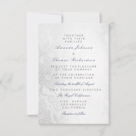 Invitation Mariage Floral Bleu Marine Gris Argent en Dentelle (Devant)