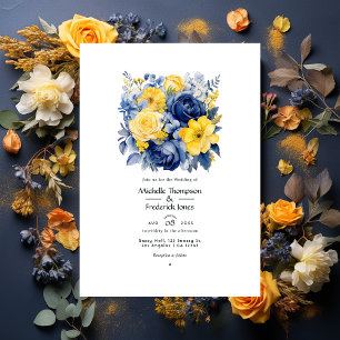 Invitation Mariage floral bleu marine, jaune et bleu