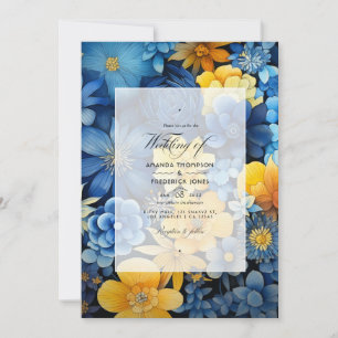 Invitation Mariage floral bleu marine, jaune et bleu