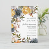 Invitation Mariage floral bleu marine jaune moutarde (Debout devant)
