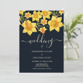 Invitation Mariage floral bleu marine jaune orange jonquilles (Debout devant)
