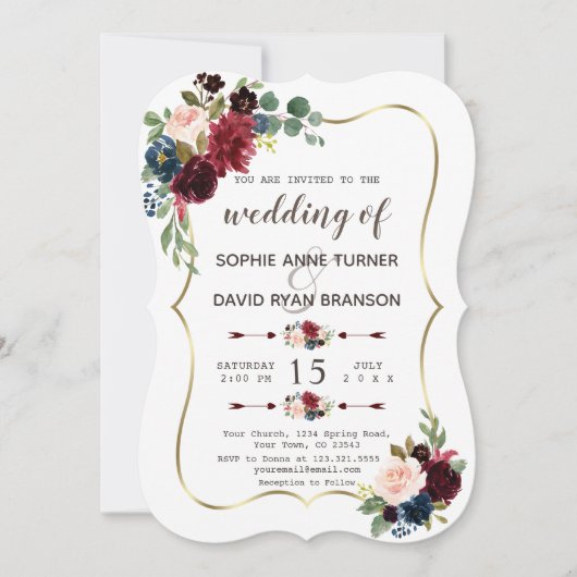 Invitation Mariage floral bleu marine Merlot or de charme (Devant)