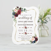 Invitation Mariage floral bleu marine Merlot or de charme (Debout devant)