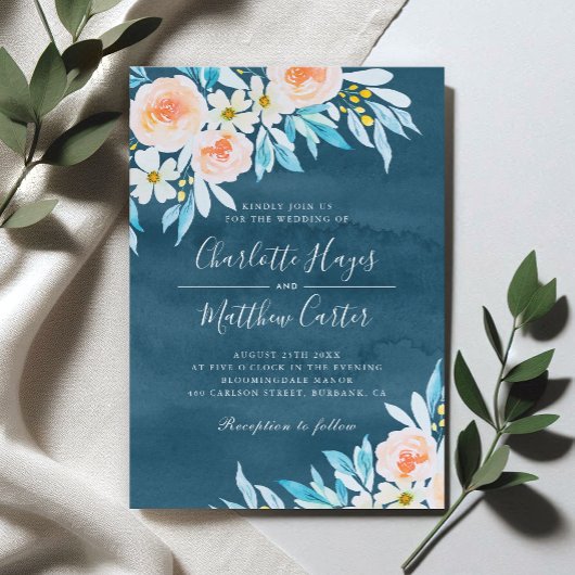 Invitation Mariage floral bleu marine moderne
