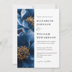 Invitation Mariage floral bleu marine moderne et or