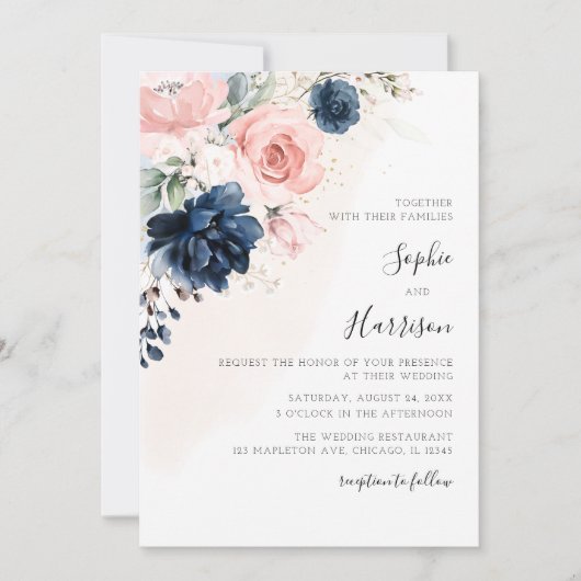 Invitation Mariage floral bleu marine moderne et rose pâle (Devant)